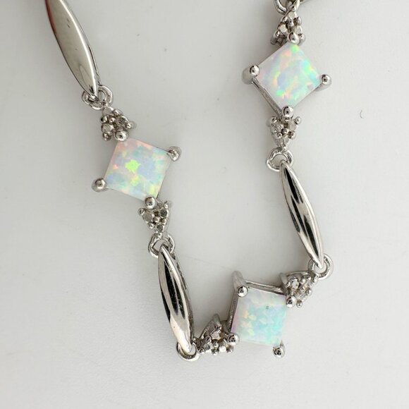 Princess Cut Lab Created Opal Bracelet with Diamond Accent - Picture 2 of 12
